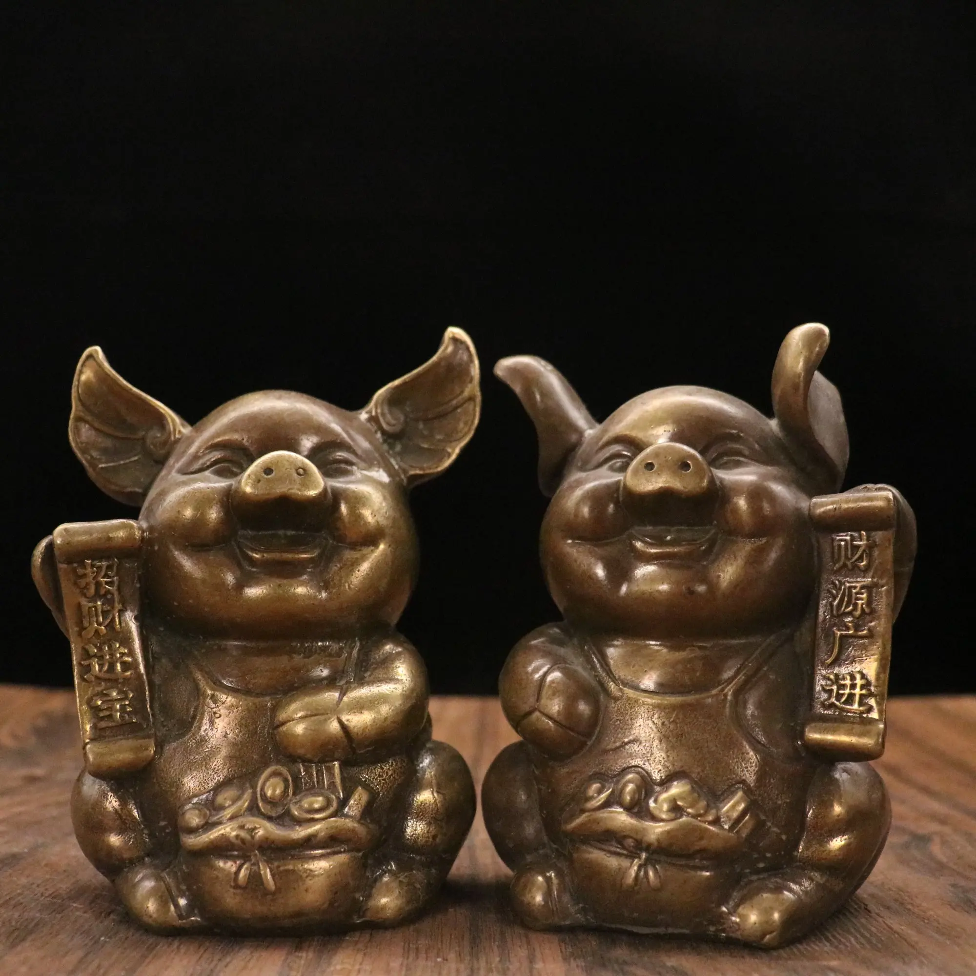 

5"Tibet Temple Collection Old Bronze Patina Pig Lucky Gather wealth Zodiac Pig A pair Office Ornaments Town House Exorcism