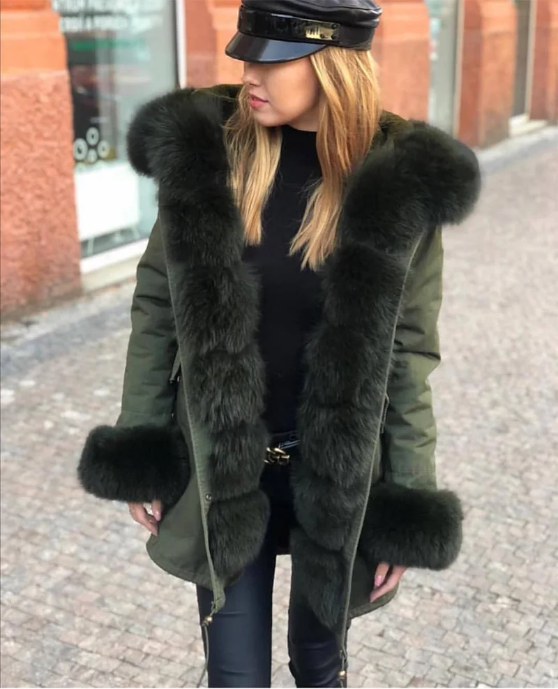 EIFURKOP Army green parka real fox fur collar coat women fur coats for winter with detachable rex rabbit fur liner jacket hooded