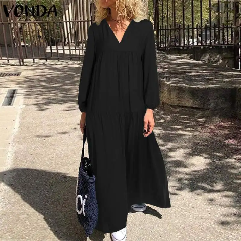 VONDA, женское осеннее платье с длинным рукавом, повседневное, свободное, сплошное, богемное, v-образный вырез, сексуальные платья, для вечеринки, Vestidos, макси, длинное платье, Femme