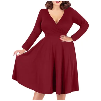 

Women's Sexy Dress New Plus Size V-neck Solid Color Long Sleeve High Waist Formal Dress Autumn Winter Fashion Party Vestido XT