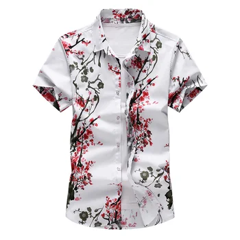 

2019 Summer Shirt Men Chinese style Casual Short Sleeve Beach Hawaii Shirt Print Floral Holiday Slim Fit Male Button Tops