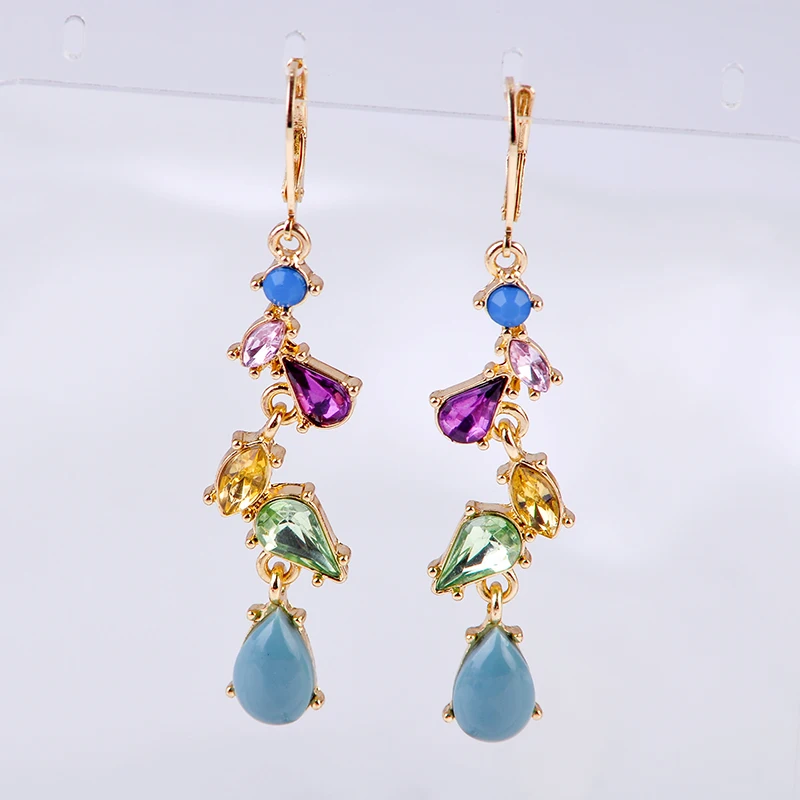 

Luxury Multicolored Crystal Resin Water Drop Long Dangle Earrings For Women Gifts Gold Color Fashion Jewelry Wholesale