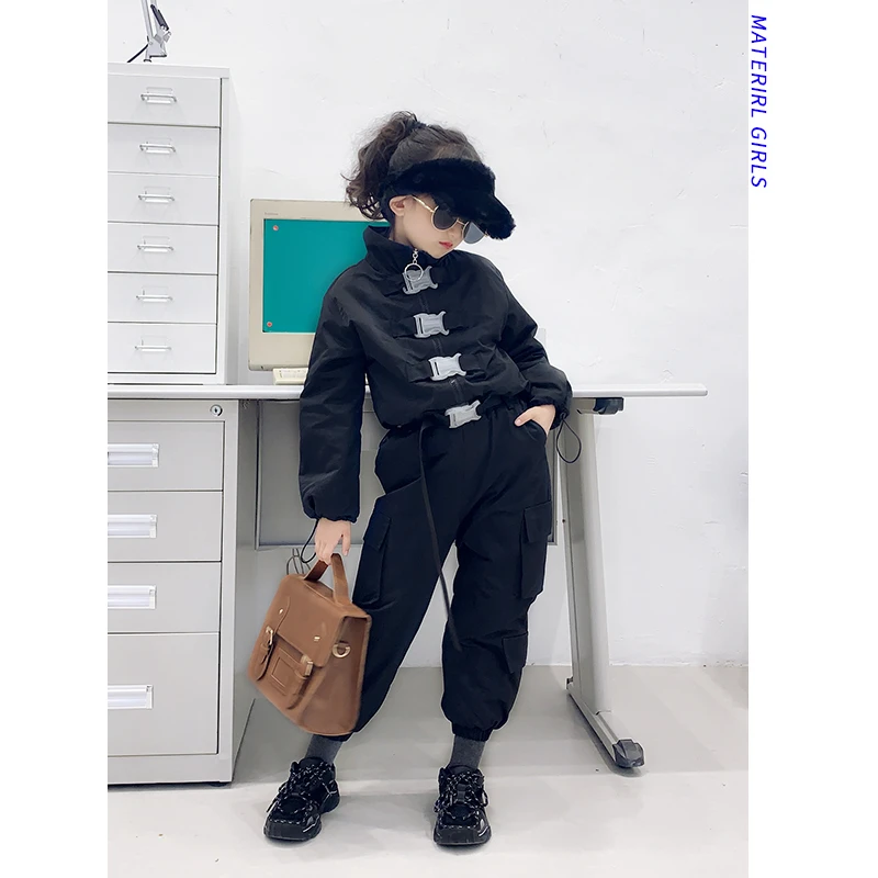 

Girls tooling coat set 2019 autumn and winter new boys and girls buckle coat beam pants two sets of tide