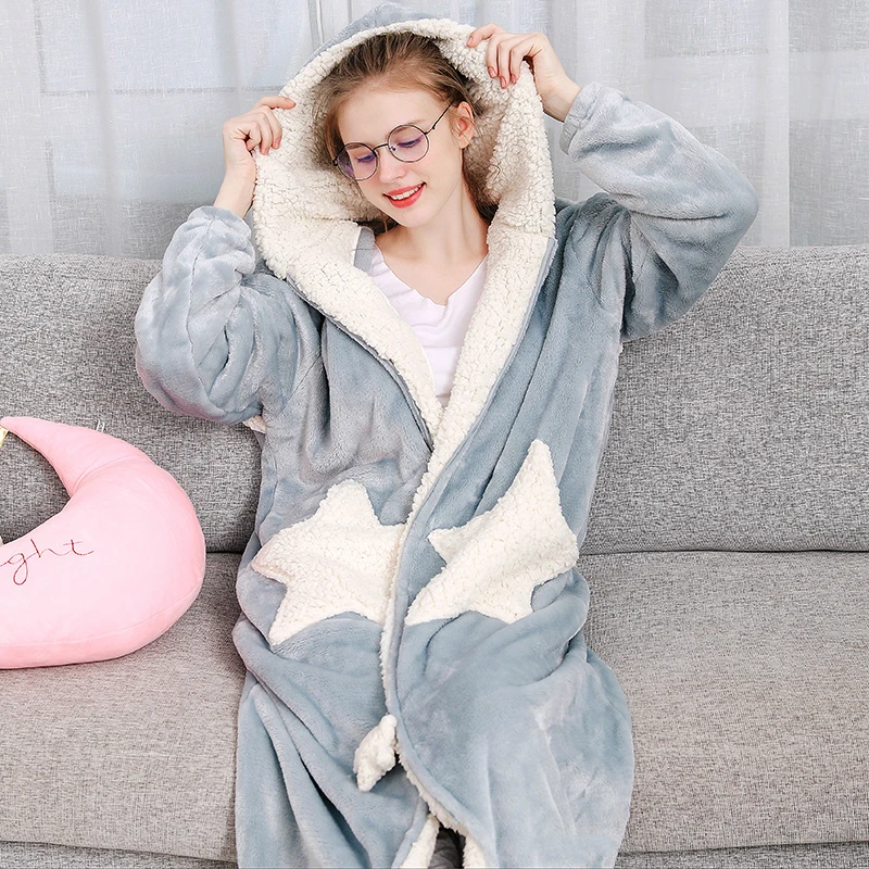

Women Winter Star Moon Plus Size Long Warm Flannel Bathrobe Pregnant Zipper Bath Robe Hooded Night Dressing Gown Men Sleepwear