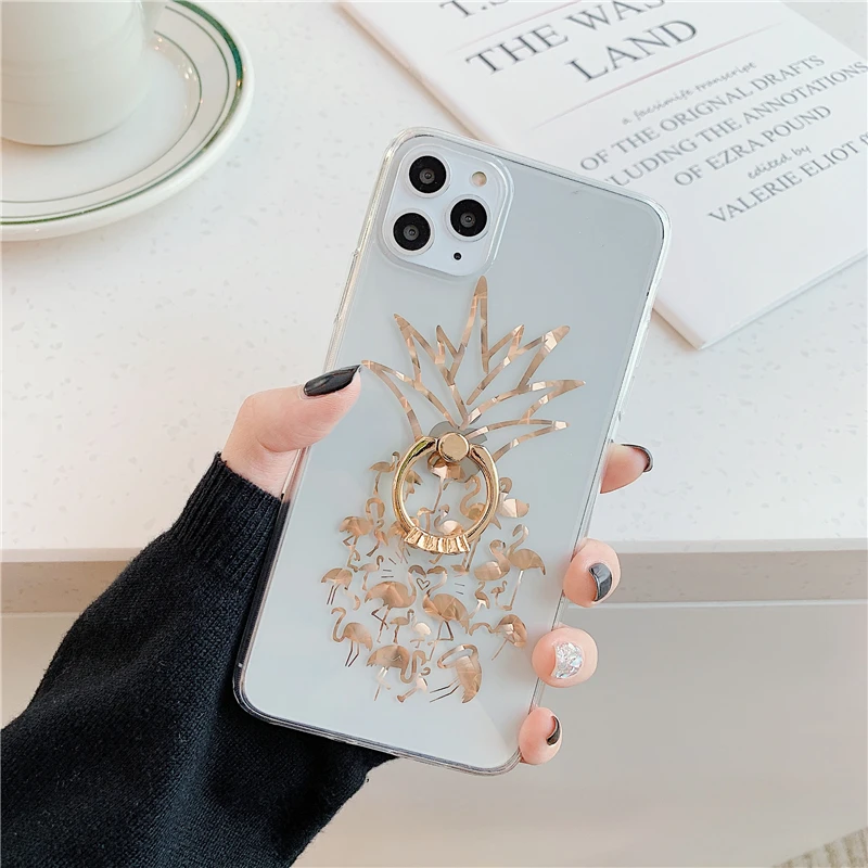 Роскошный Блестящий Прозрачный чехол для телефона с ананасом для iphone 11 11Pro Max, чехол для iphone XS Max XR X 7 8 Plus, задняя крышка с кольцом