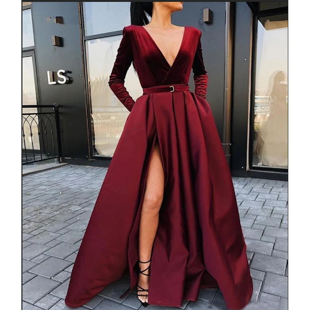 С длинными рукавами бордового цвета простое выпускное бальное платье с v-образным вырезом трапециевидные вечерние платья с разрезом юбки вечерние платья