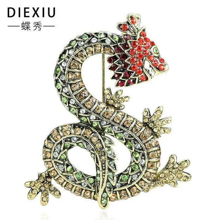 New Vintage Style Dragon Animal Brooch Pin Multi-color Rhinestone Crystal Metal Gifts For Men Brooches Enamel Pins