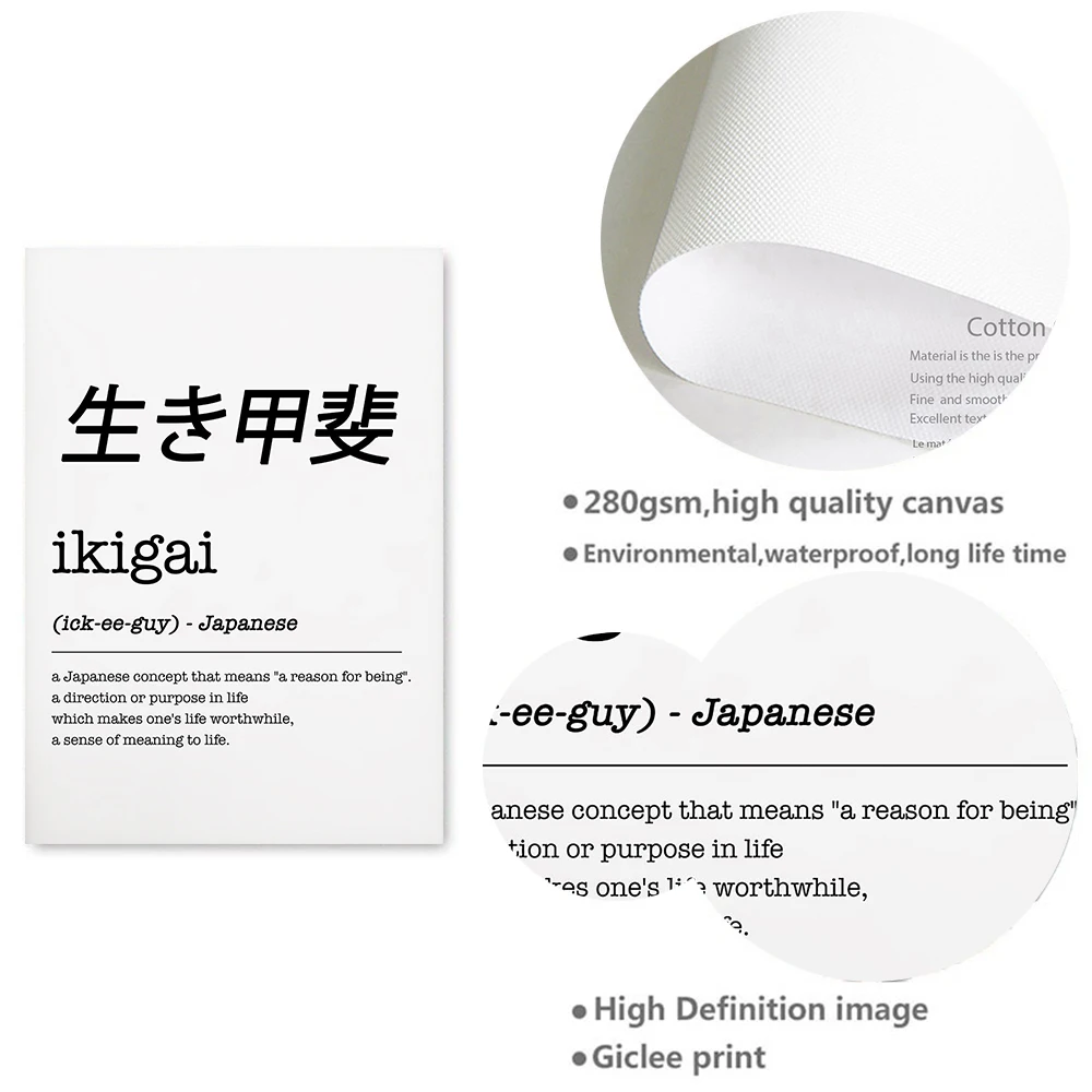 Ikigai Ukiyo Definition Art Prints Japanese Gift Japanese Words Black White  Minimalist Poster Japan Wall Art Canvas Painting