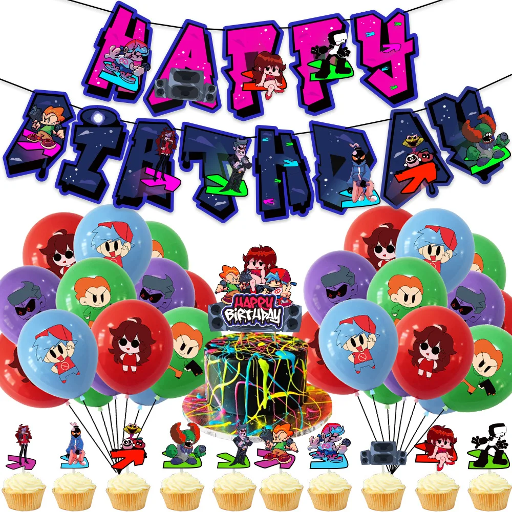 1Set Friday Night Funkin Latex Balloon Pull The Flag Cake Topper Kids Birthday Party Decoration Baby Shower Banner Globos | Дом и сад