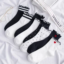 1 пара, женские носки, полосатые хлопковые носки в горошек с сердечками, черно-белые носки на осень и зиму, милые женские носки с оборками