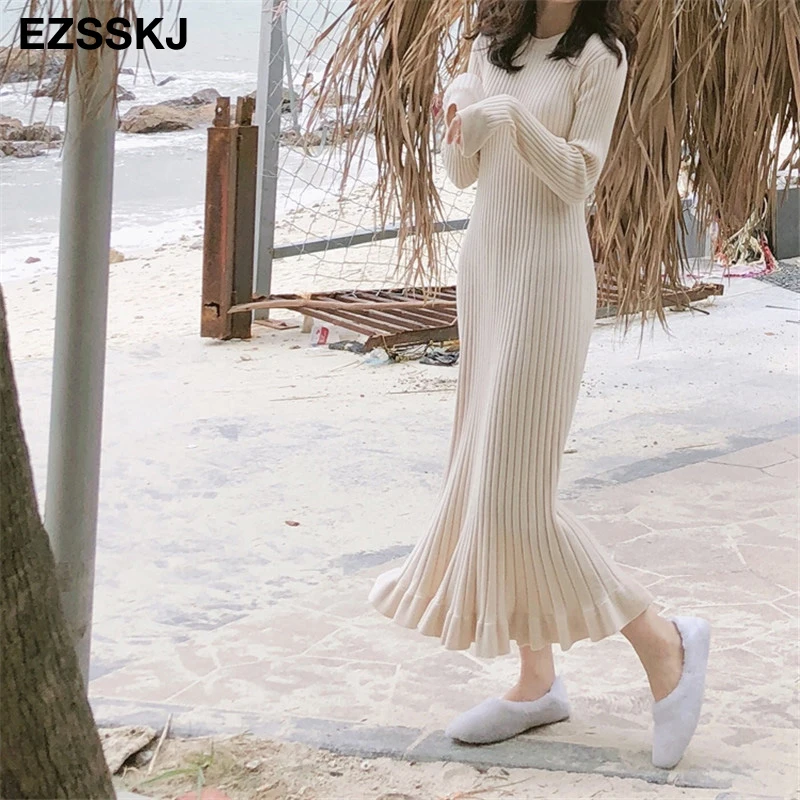 2019 осенне-зимнее толстое платье-свитер «русалка», женское длинное платье-свитер с круглым вырезом, элегантное женское платье