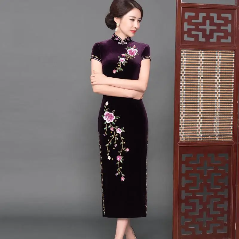 Вышитое цветочное кружево Qipao Женская с воротником «Мандарин», полурукав вечернее вечерние платье с большим разрезом велюр Открытое платье Cheongsam - Цвет: StyleB 5