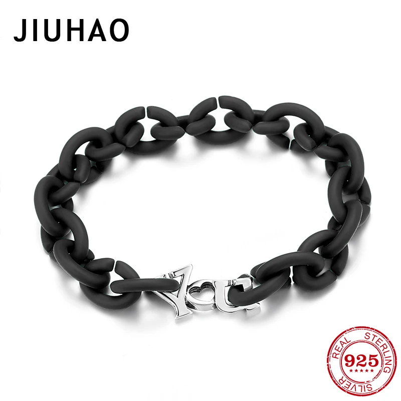 Letter YOU Silver Metal Beads Bracelets Black Hard Rubber X Handmade Bracelet women Accessories Jewellery Fashion 21cm | Украшения и