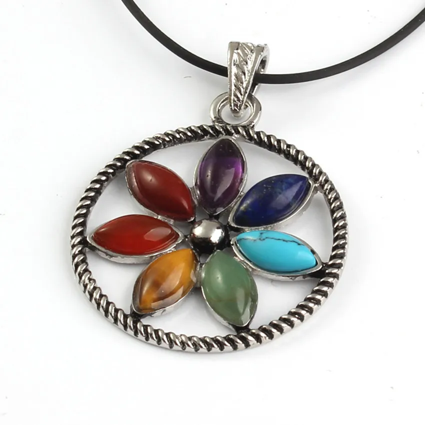 

100-Unique 1 Pcs Silver Plated Round Hollow Flower Pendant 7 Colors Stone Healing Balancing Jewelry
