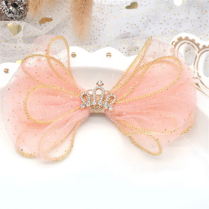pink 10 шт./лот, милые сетчатые бантики, Хрустальная корона, аксессуары для волос, банданы, заколки для волос принцессы для девочек, заколки для волос с бантом - Цвет: pink