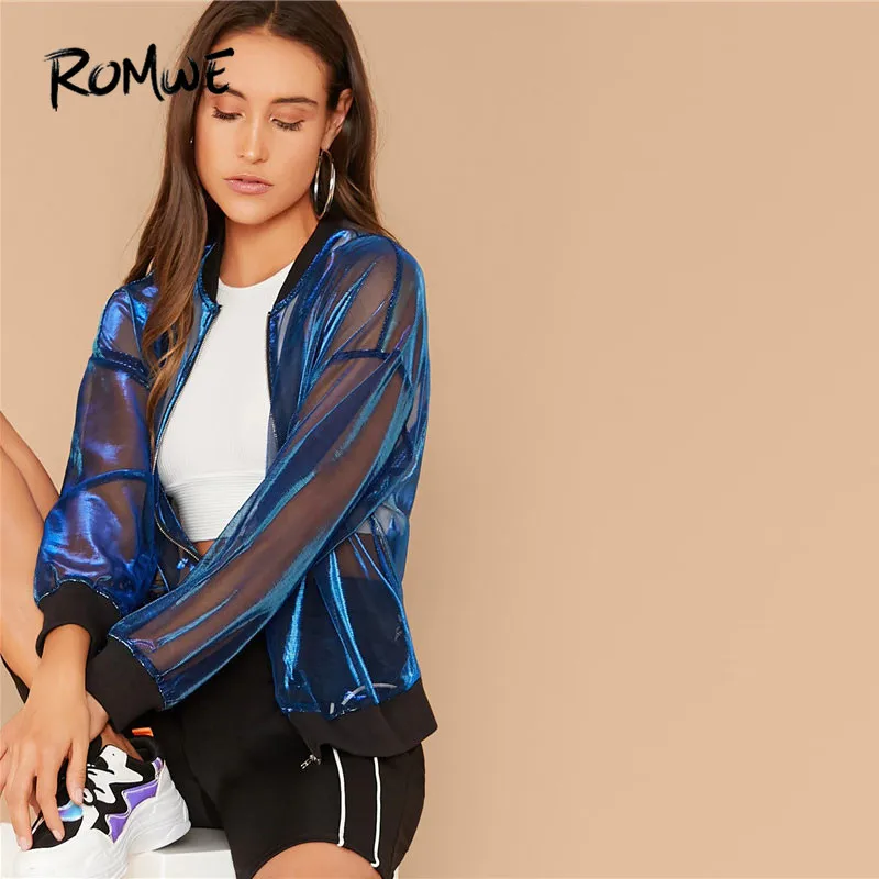 lower price  ROMWE Zip Front Sheer Mesh Bomber Jacket Women Blue Stand Collar Sexy Highstreet Fall Jacket Sheer 