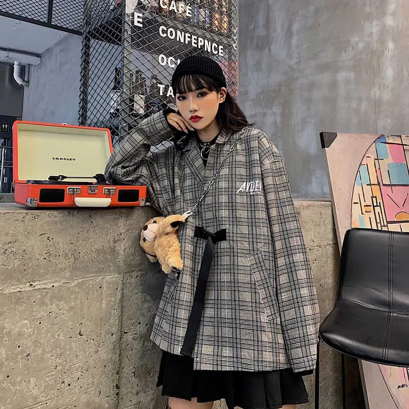 Письмо вышивка японский Harajuku клетчатая куртка женская верхняя одежда весна осень пряжка для кардигана блейзеры консервативный BRIT GRAPHICS