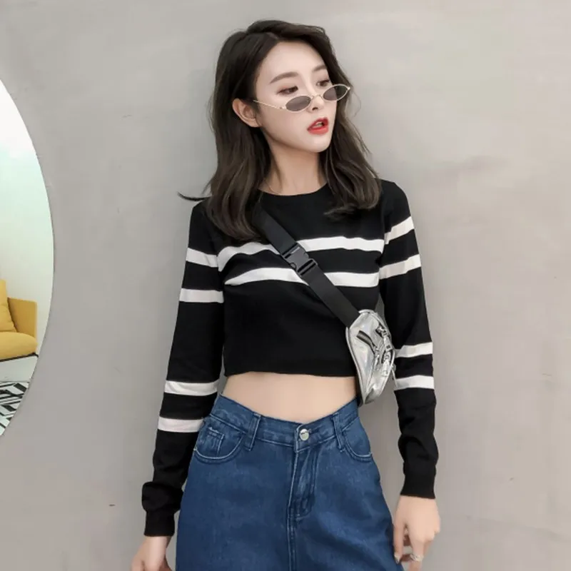 Women Sweaters And Pullovers Korean Loose Thin Women Knitted Sweaters Stripe Short Pullover Long Sleeve Exposure Belly Sweater