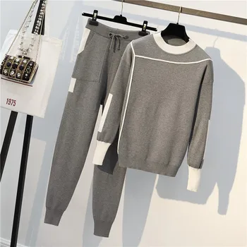 

2019 Winter Women Knit Pants Sweaters 2pcs Set geometric Patchwork Pullovers Long Sleeve Tracksuits Jumpers and Trousers Sets