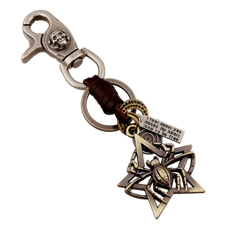 

Punk Gothic Men Metal Keychain Pendant Spider Skull Suspension Holder Leather Car Key Chain Rings Women Bag Accessories Jewelry