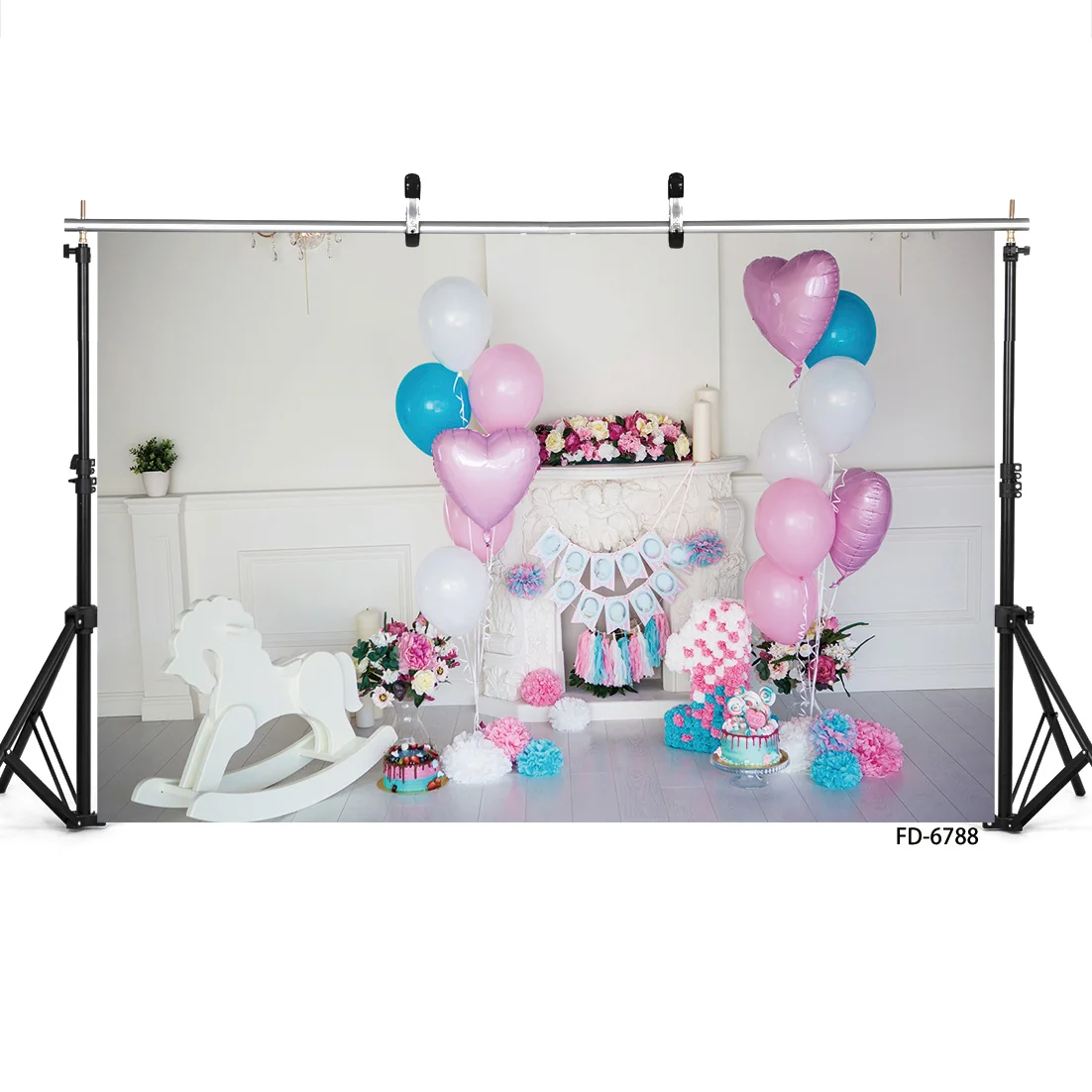 

Виниловый фон для детской фотосъемки с изображением камина и воздушных шаров