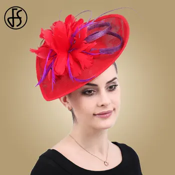 

FS Large Hats For Women Cocktail Feathers Red Fascinators Hats Kentucky Derby Wedding Headwear Church Fedora Ladies Elegant Cap