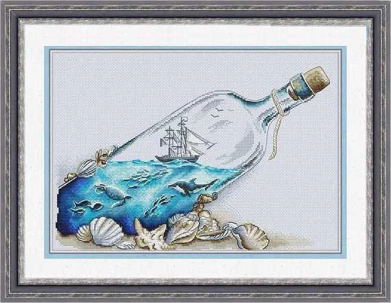cs-3026 Cross Stitch Kit Ocean In a Bottle Marine Sea Memory Jar Ship Vessel and Fish Whale