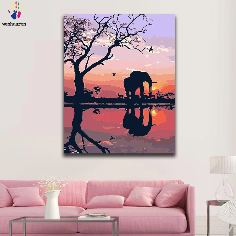 Diy Paint By Numbers Picture Paintings With Kits Elephants In The Sunset Pink Beautiful At Dusk Artwork Gift | Дом и сад