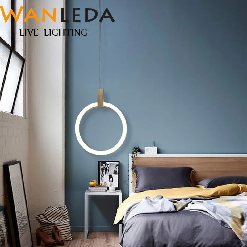 Современный светодиодный подвесной светильник в скандинавском стиле с деревянными люстрами для гостиной, спальни, лестничное освещение, кольцевые подвесные светильники