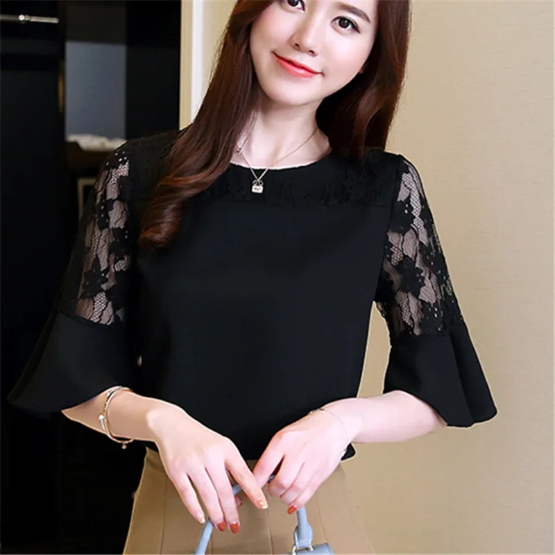 Rendas шифон Mulheres Camisas E Blusas Nova Moda Alargamento Топы с коротким рукавом и круглым вырезом de Roupas Casuais Senhoras blusas