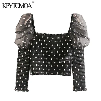 

Vintage Sweet Polka Dot Cropped Blouses Women 2020 Fashion Puff Sleeve Smocked Elastic Female Shirts Blusas Mujer Chic Tops