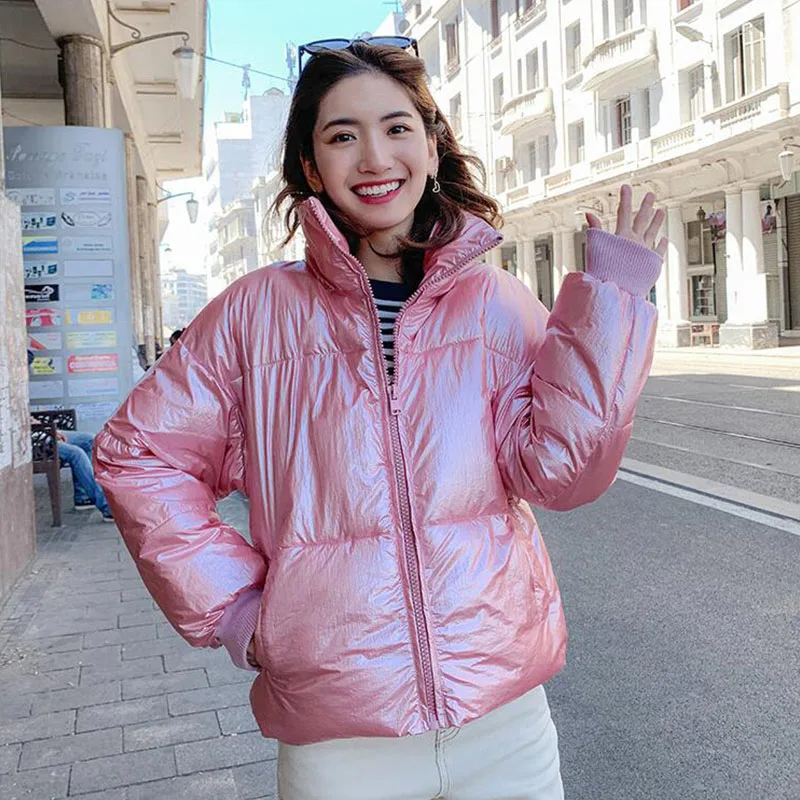 

New Winter Fashion Reflective Short Warm Women Coat Jackets Short Jacket top New Ladies Parka Glossy ladies Coat B82803