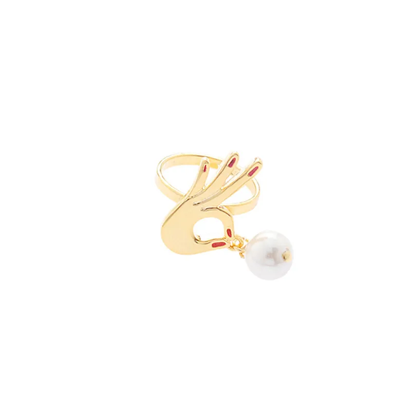 

Korea Fashion Simple New Romantic Metal Hand With OK Red Nail Pearl Adjustable Finger Ring Creative Open Finger Ring For Women