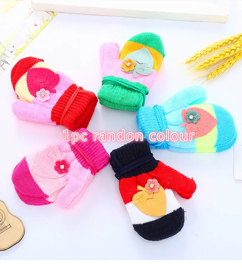 Warm Knitted Gloves 0-3 Years Cartoon Baby Rope Winter Thick Full Rope Finger for Kids Boys Girls Children's Mittens Accessories - Color: Strawberry  1pc