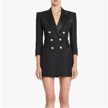 

HIGH QUALITY New Fashion 2019 Runway Designer Dress Women's 3/4 Sleeve Double Breasted Metal Buttons Notched Collar Dress