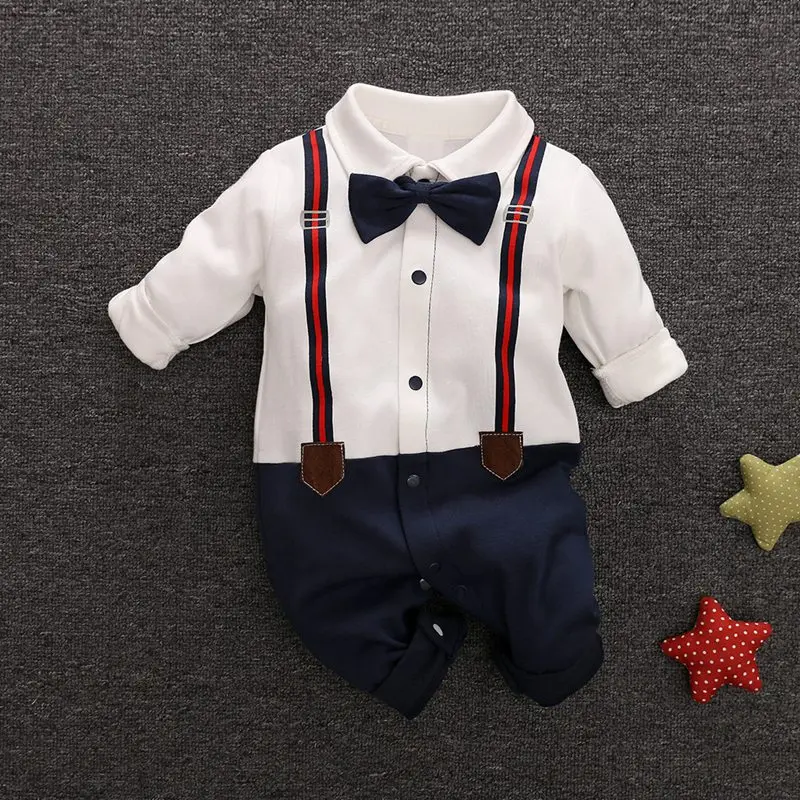 Navyblue Мягкие детские комбинезоны из хлопка с галстуком-бабочкой; праздничная одежда для маленьких джентльменов; одежда для принца; комбинезон для новорожденных; одежда с длинными рукавами - Цвет: Navyblue