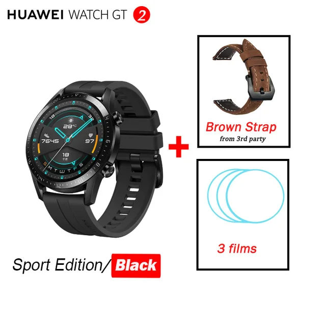 Huawei Watch GT 2, умные часы, измеритель уровня кислорода в крови, spo2, Bluetooth, умные часы, 5,1, для телефонных звонков, трекер сердечного ритма, для Android, iOS - Цвет: Black n Brown Strap
