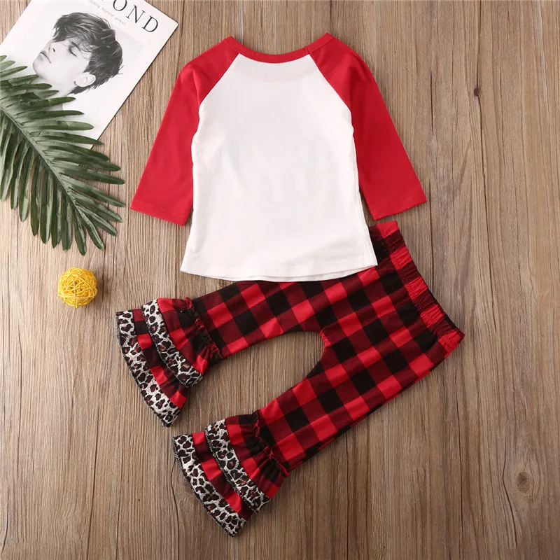 От 1 до 5 лет Рождественская одежда для малышей Одежда для маленьких девочек топы с принтом коровы, футболка комплект с красными клетчатыми расклешенными штанами, одежда для девочек