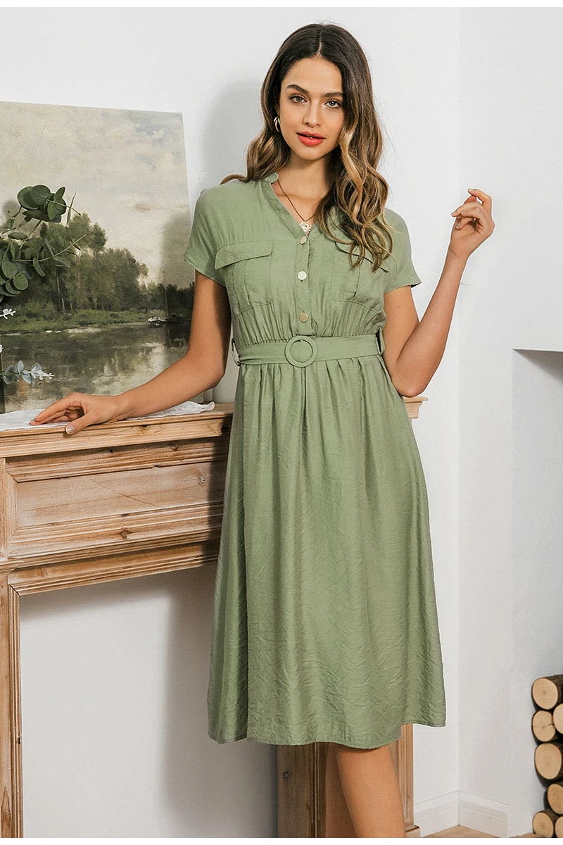Simplee V-neck solid women dress Vintage elegant button belt midi summer dress Casual streetwear office ladies pockets dress