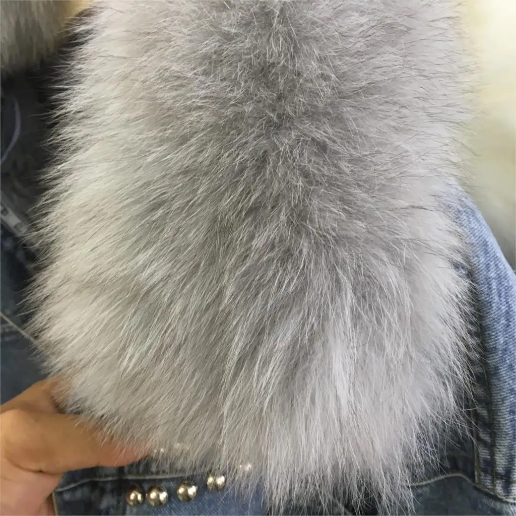 Winter New Loose Heavy Work Beaded Real Fur Collar Denim Jacket Female Short Section Thick Warm Cotton Coat Woman