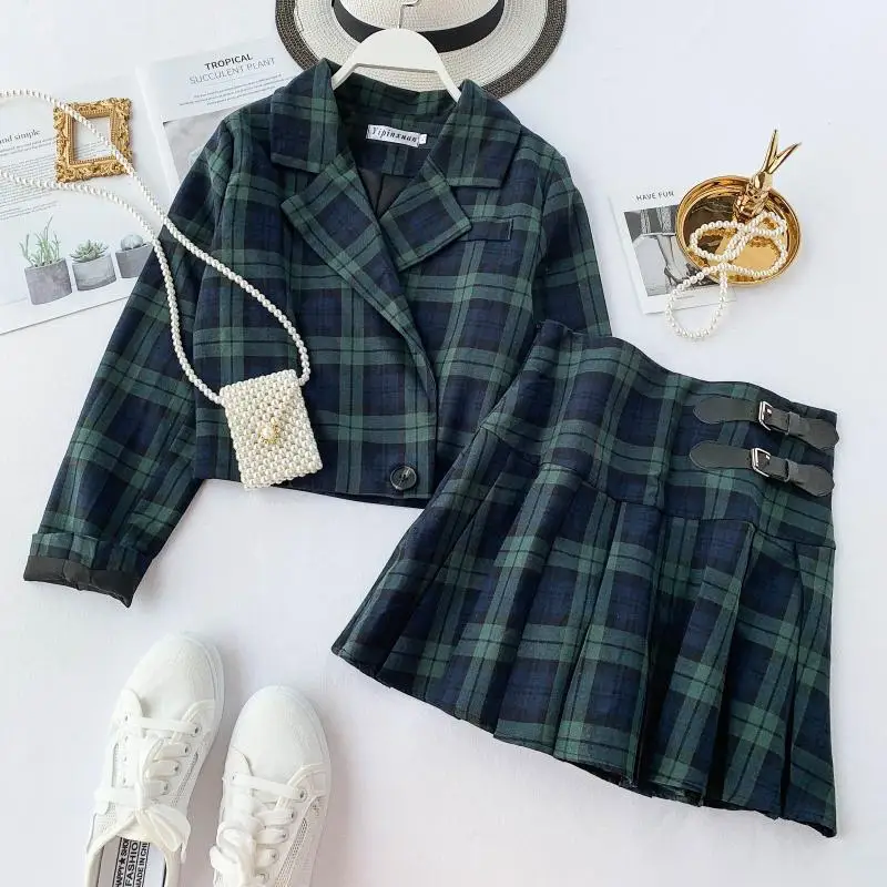 MUMUZI Autumn outfit suit female new short plaid jackets and green grid British wind suit pleated skirt 2pcs set