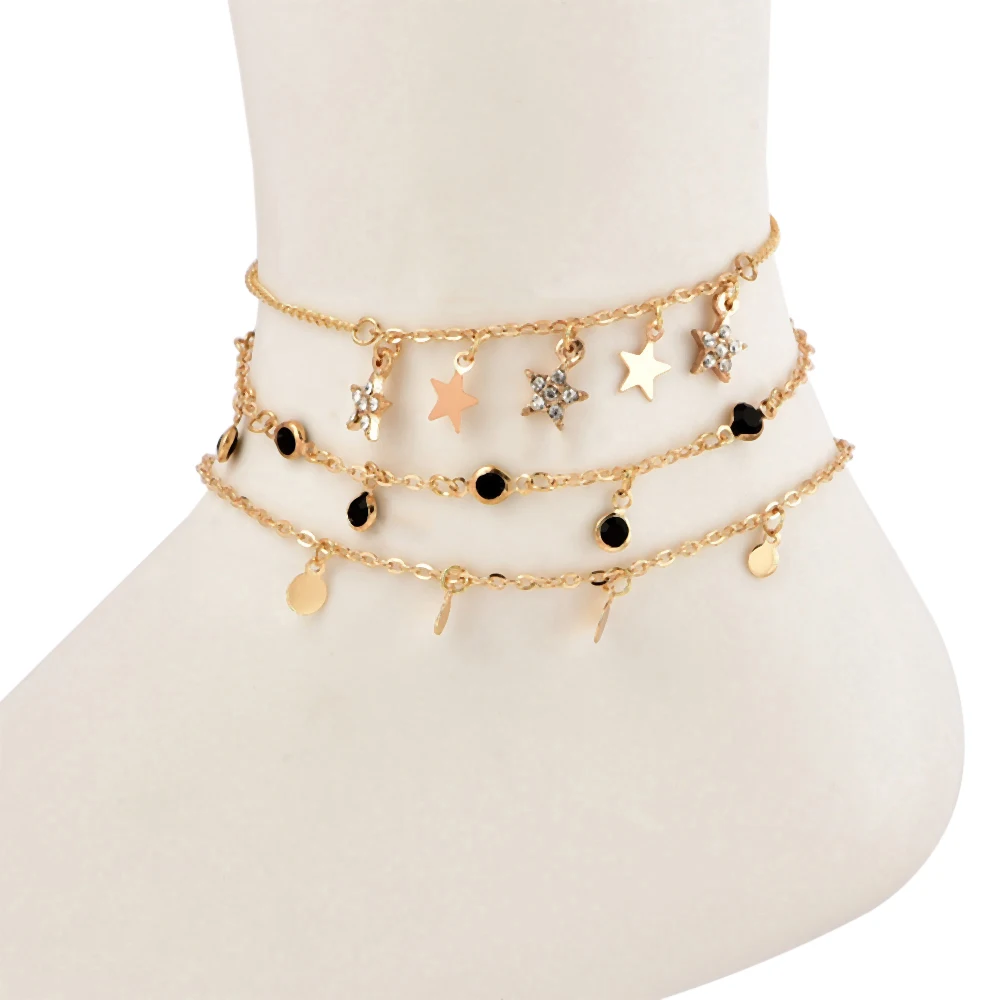 3 Pcs ladies Star Pendant Adjustable Anklets Bracelet Foot Chain Beach Jewelry Full five-pointed star round multi-layer anklet