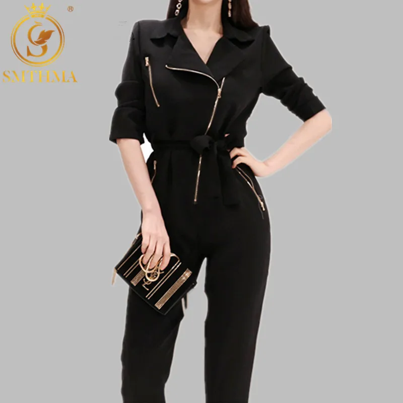 

SMTHMA 2019 New arrival Black jumpsuit Notched collar high waist loose casual retro fashion Korean jumpsuit