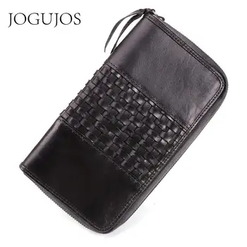 

JOGUJOS Genuine Leather Wallet Weaving Ladies Long Wallets Female Clutch RFID Credit Card Wallet Women Zipper Coin Purse