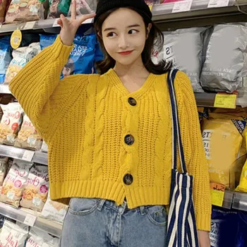 

4Colors Autumn Winter Women Knitted Cardigan Sweater Korean Yellow White Jumper Casual Button Long Sleeve Loose Harajuku Clothes