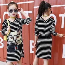 Платье для девочек; сезон осень; повседневная детская одежда для маленьких девочек; хлопковое платье с длинными рукавами и v-образным вырезом; Платье с принтом в полоску; Детские нарядные платья