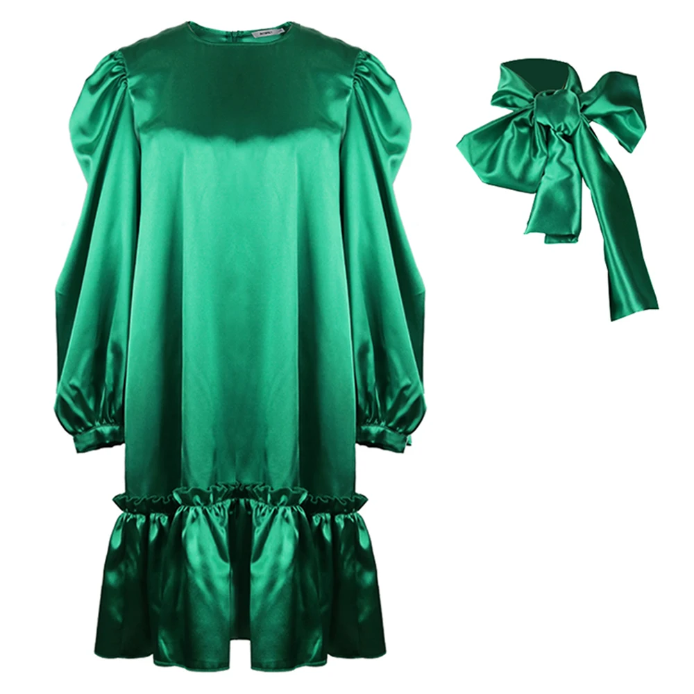

Green Yellow Party Shiny Dress for Women Big Bowtie Long Lantern Sleeve Ruffles Elegant Dresses Plus Size Date Night Plus Size