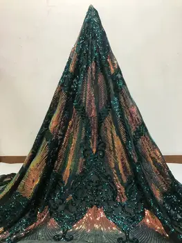 

Green African Lace With Sequins Embroidery Textile Lace Fabric High Quality Sequins French Tulle Lace Fabrics For Wedding Party