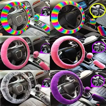 

3Pcs New Winter Fashion Plush Steering Wheel Cover&Handbrake Cover&Gear Shift Cover Set Universal fluffy Warm car interior 38cm