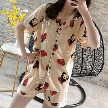 

2020 Summer Short Sleeve Silk Pajama Set Turn-down Collar Nightgown Cute Bear Sleepwear Long Pant Spring Nightsuit